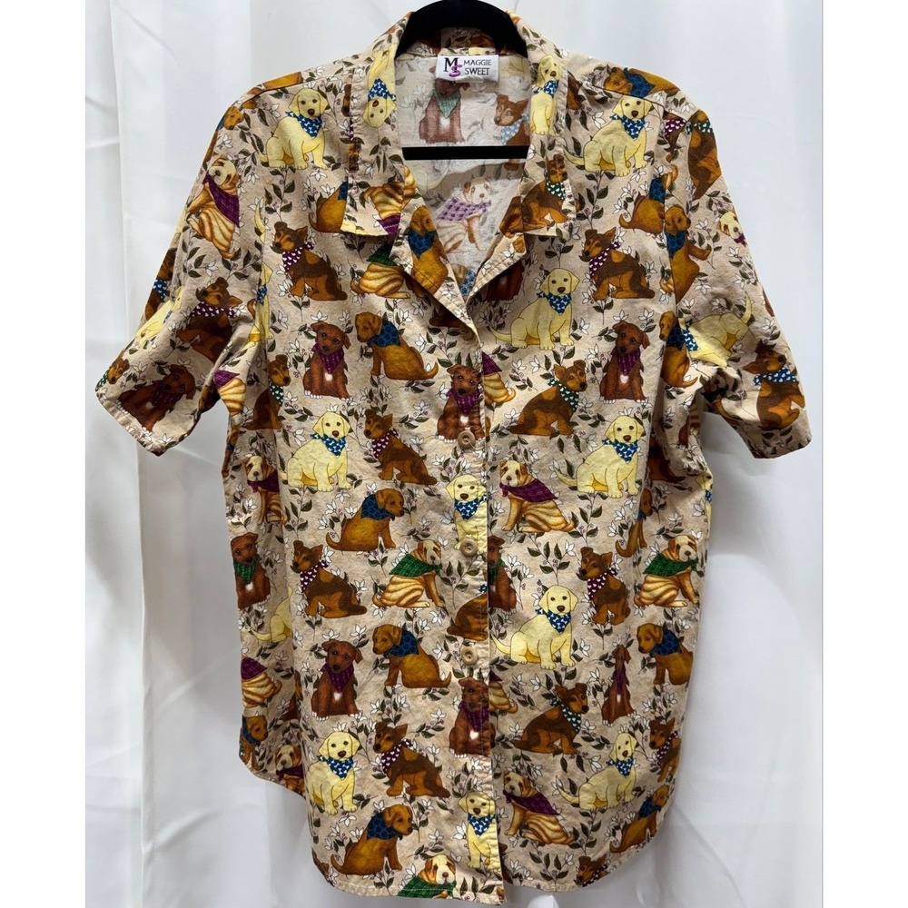 DOGS! Sz L PTP 22" Maggie Sweet Button-Up Short Sleeve 100% Cotton Made in USA